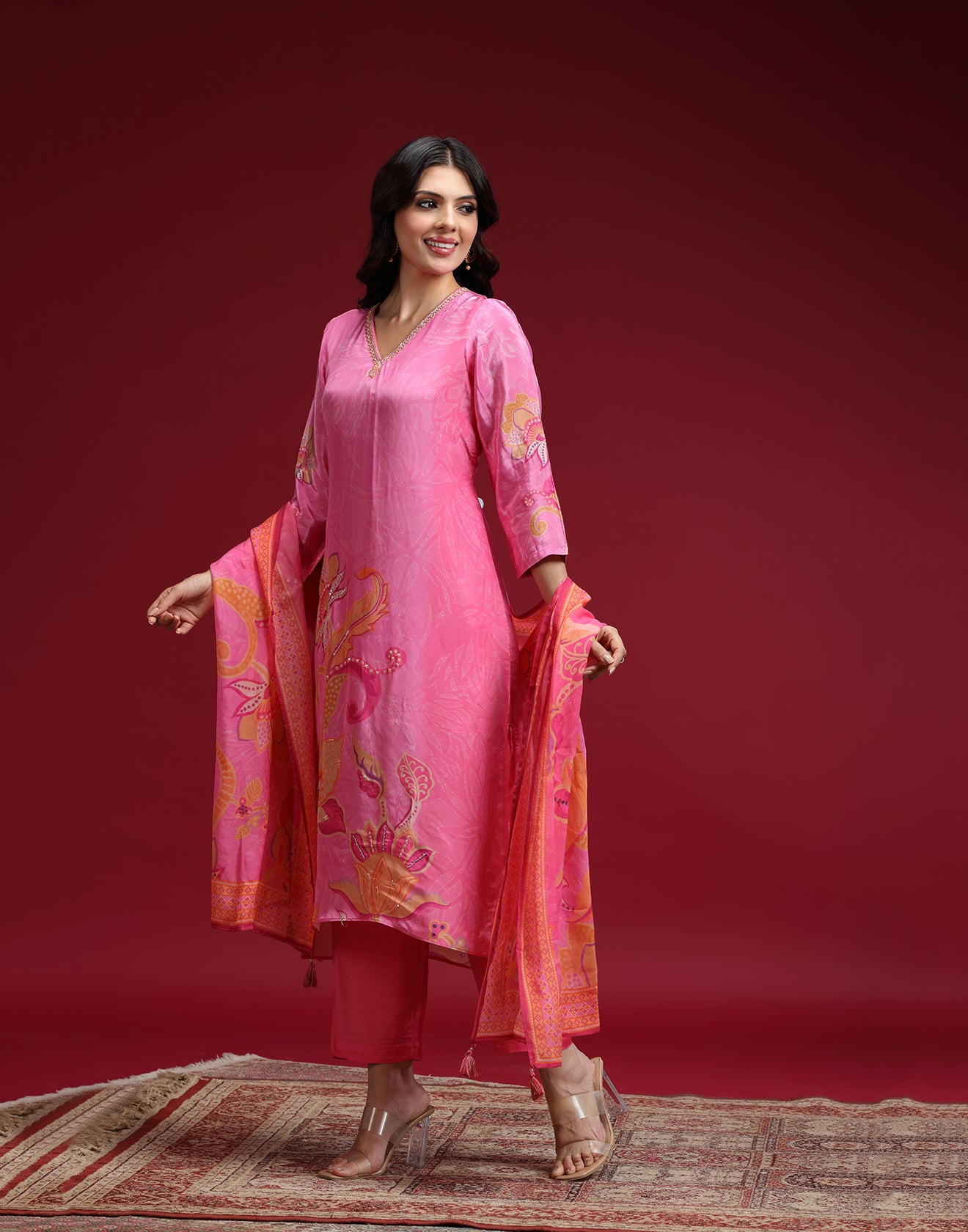Shop Azalea Pink Floral Printed Crepe Silk Kurta Set online – Roopkala