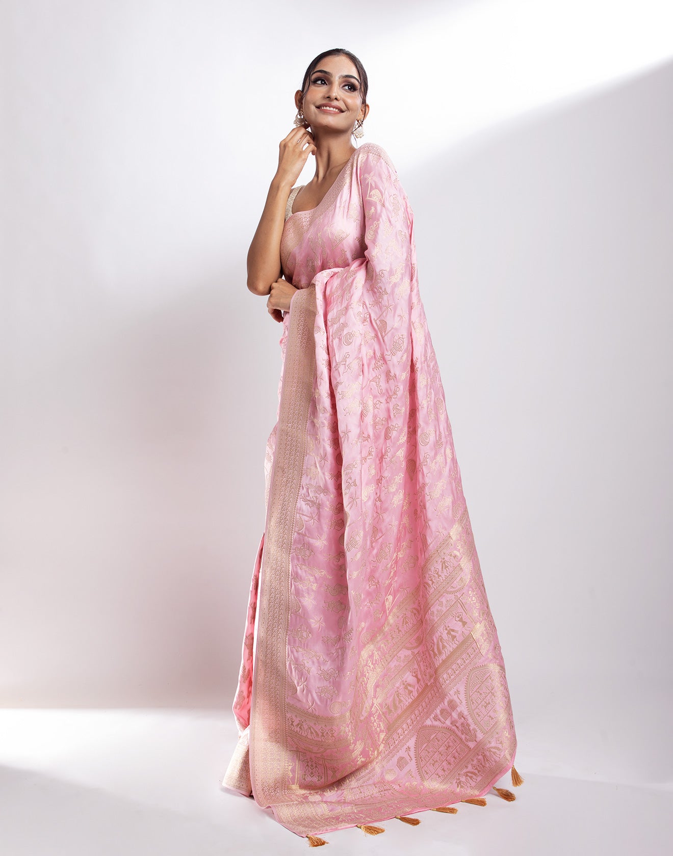 Buy Blush Pink Warli Motifs Crepe Silk Saree Online