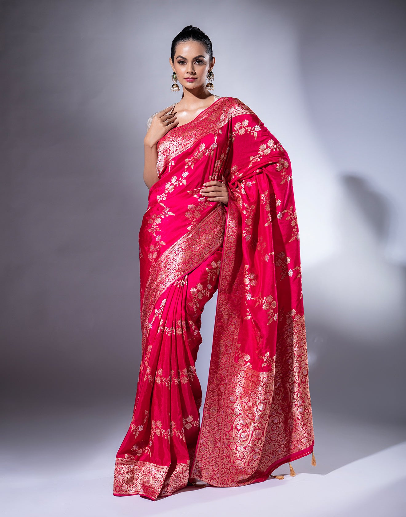 Bright Red Woven Saree In Golden Weave