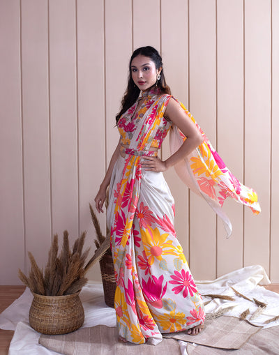 Buy Flora Magiv Printed Cocktail Pre-Stitched Saree Online