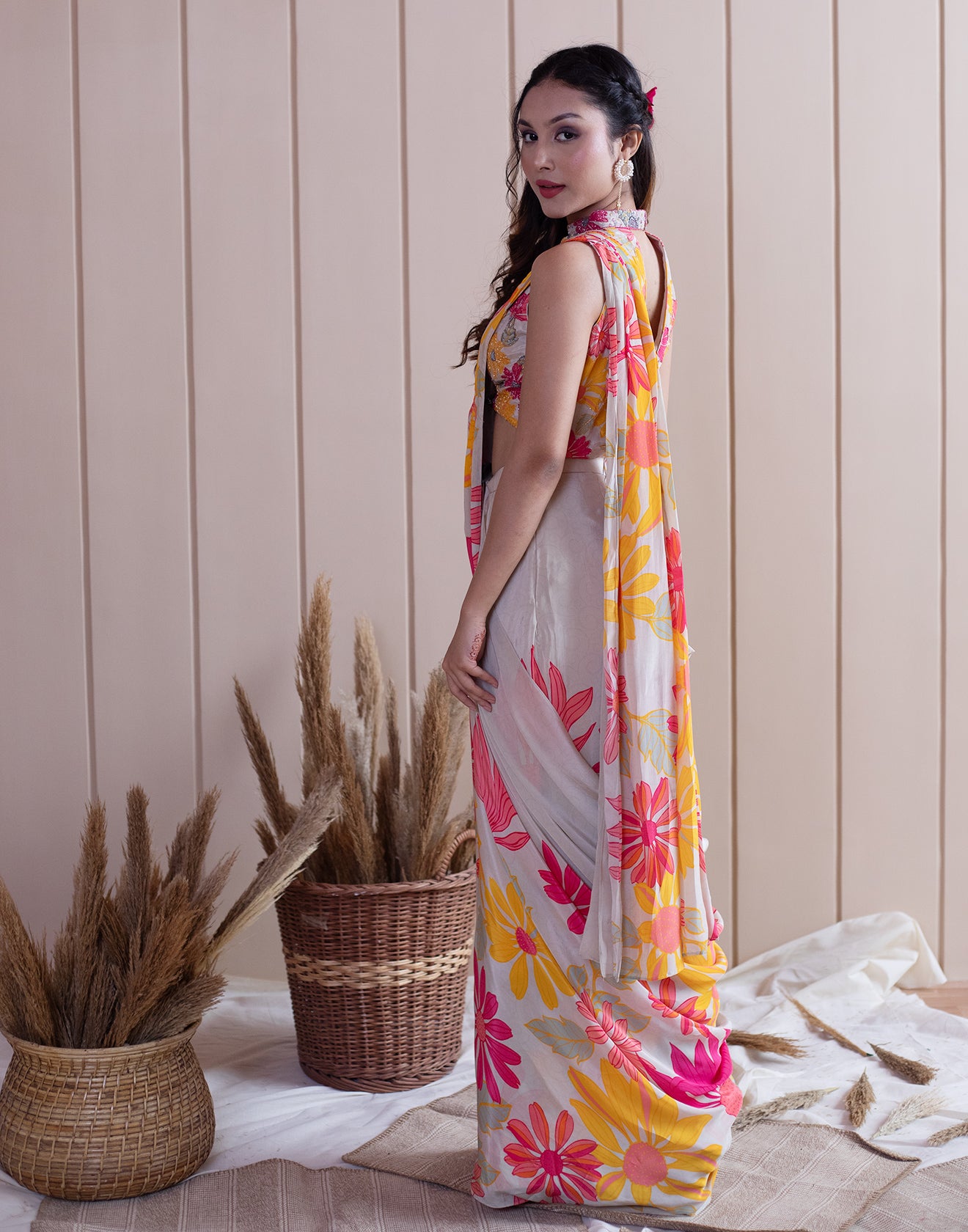 Buy Flora Magiv Printed Cocktail Pre-Stitched Saree Online