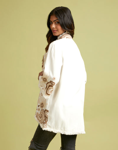 Ivory White Frayed Embroidered Front Open Jacket