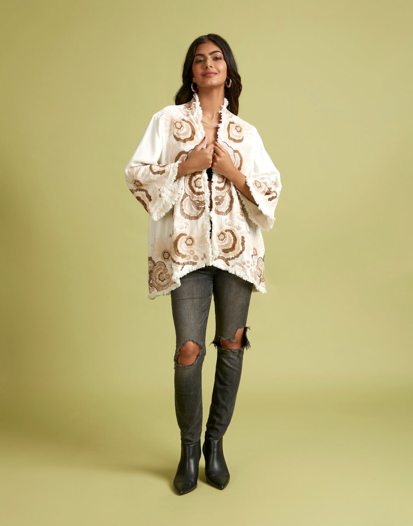Ivory White Frayed Embroidered Front Open Jacket