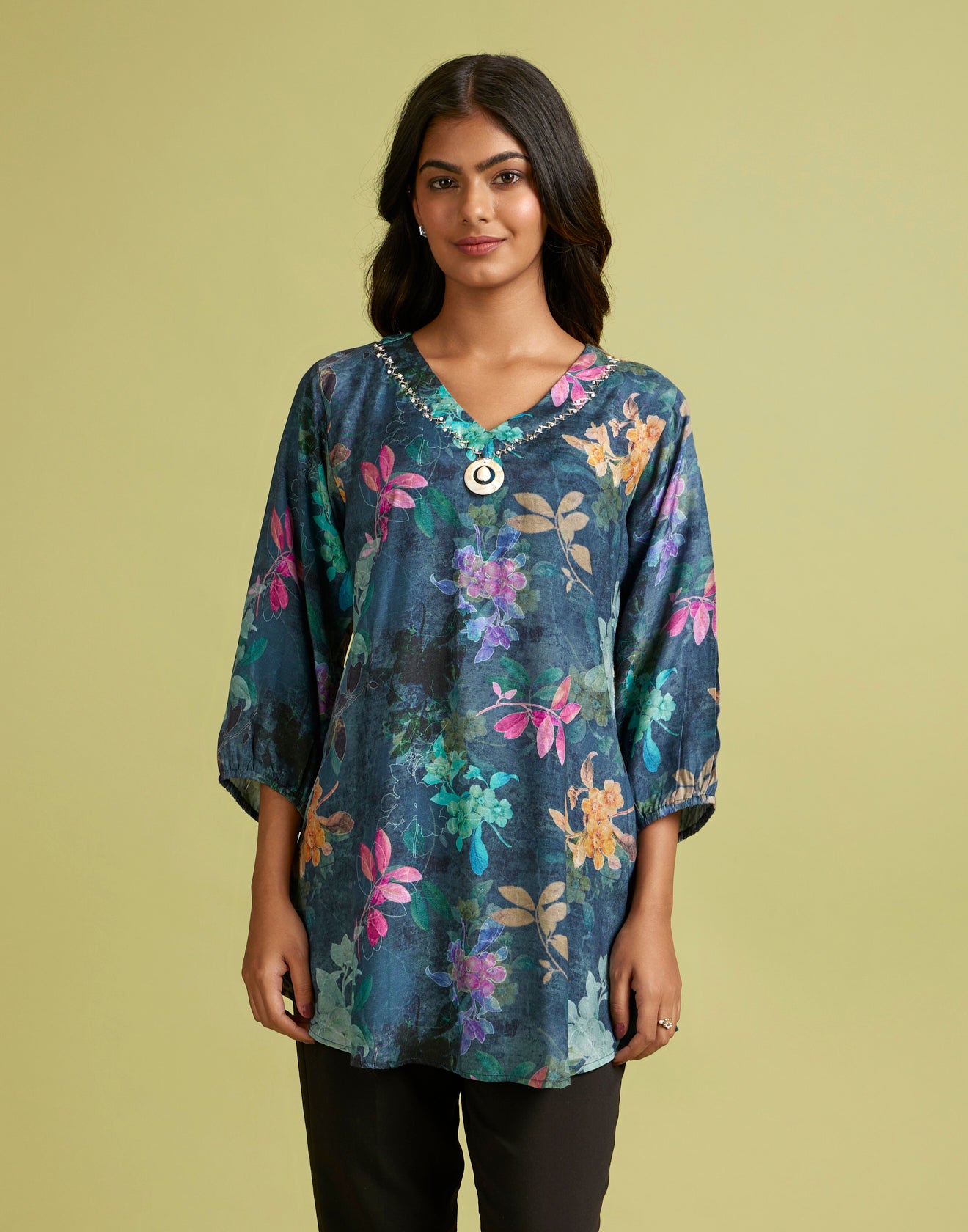 Women's Sea Green Tropical Print Tropical Crepe Top
