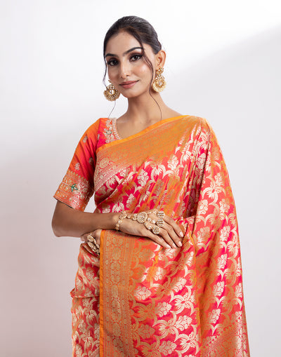 Buy Orange and Peach Dual Tone Banarasi Silk Saree Online