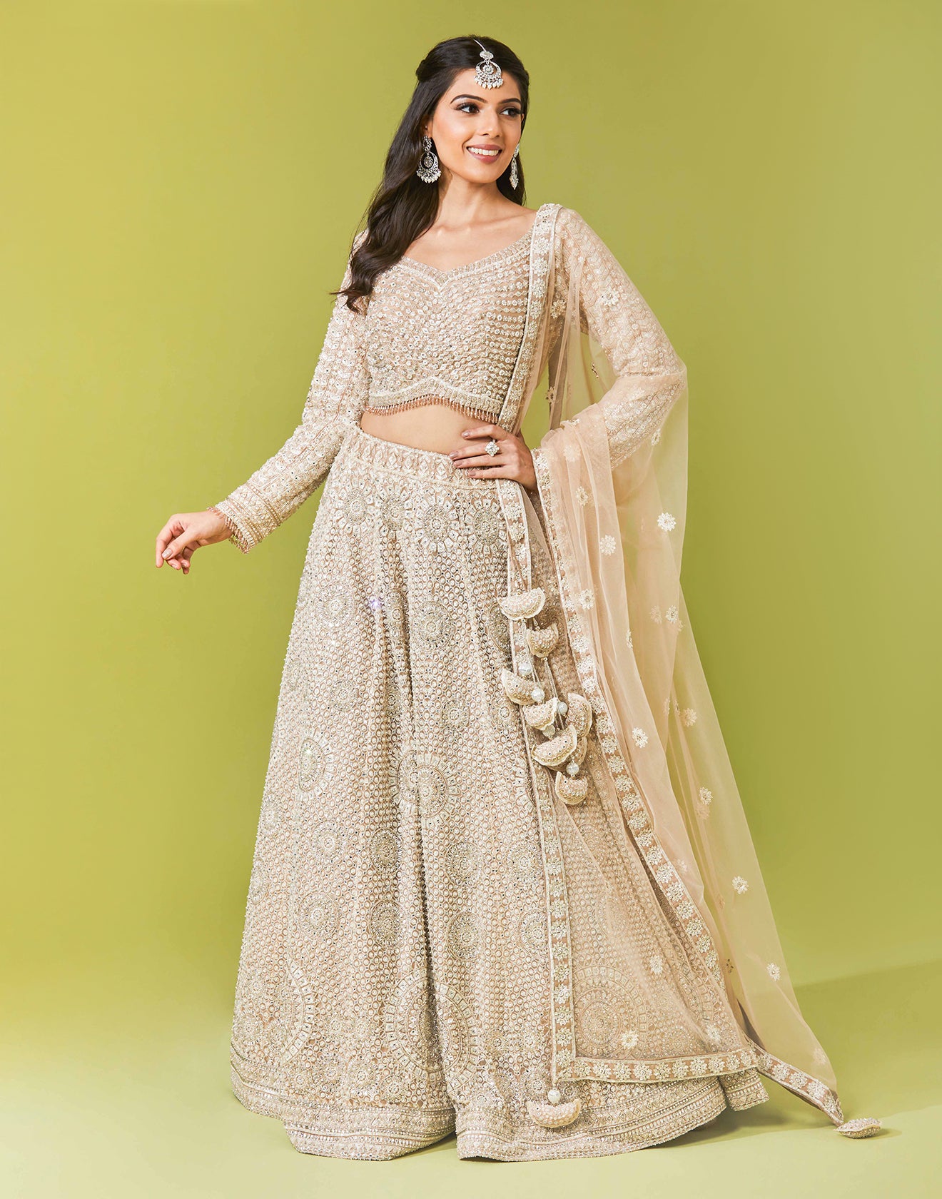 Buy Pearl Beige Embellished Lehenga Set online – Roopkala - Main Image