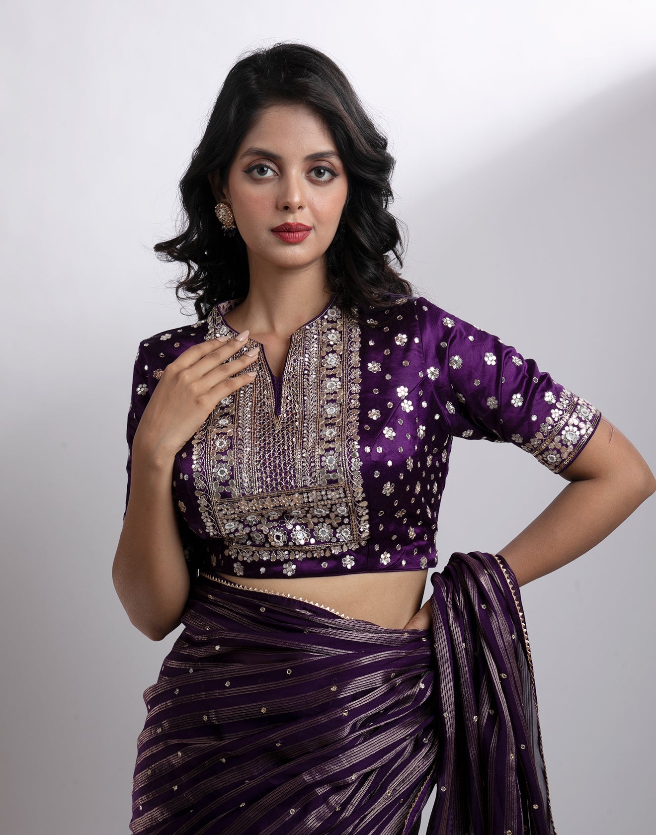 Buy Pop Of Purple Chiffon Saree With Stitched Blouse Online