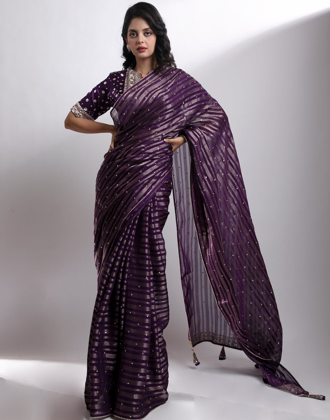 Buy Pop Of Purple Chiffon Saree With Stitched Blouse Online