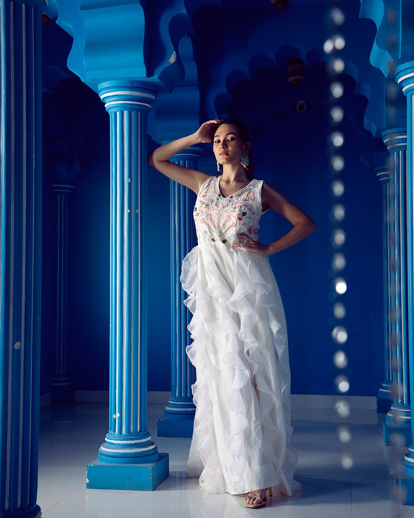 Powder White Embroidered Ruffle Jumpsuit