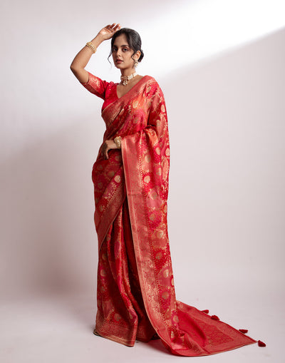Buy Peach and Red Blended Silk Traditional Saree Online