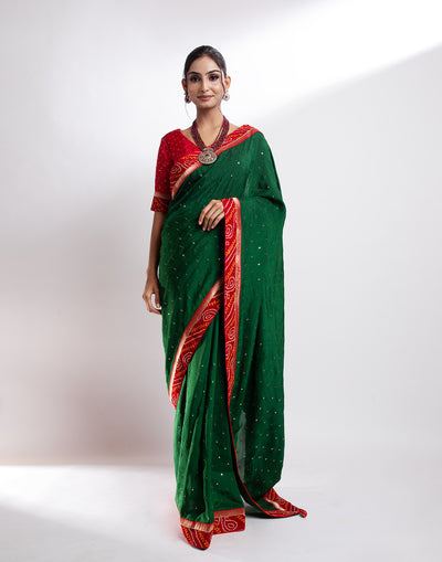 Buy Verdant Green and Red Bandhej Dola Silk Saree online
