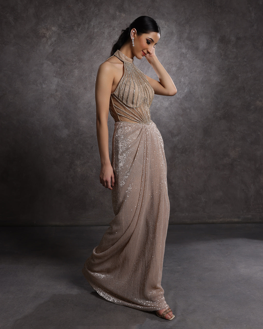 Buy Champagne Glow Sequin Halter Neck Drape Gown Online – Roopkala