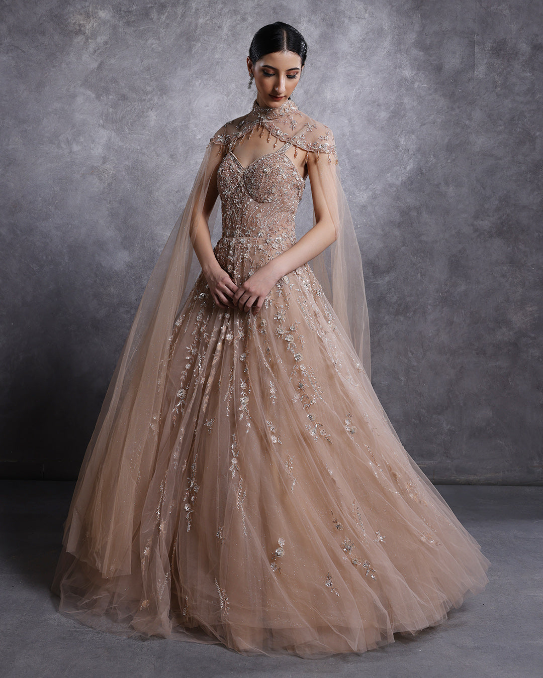 Champagne Mist Embellished Bridal Gown With Shoulder Cape Roopkala Champagne Mist Embellished Bridal Gown With Shoulder Cape Roopkala