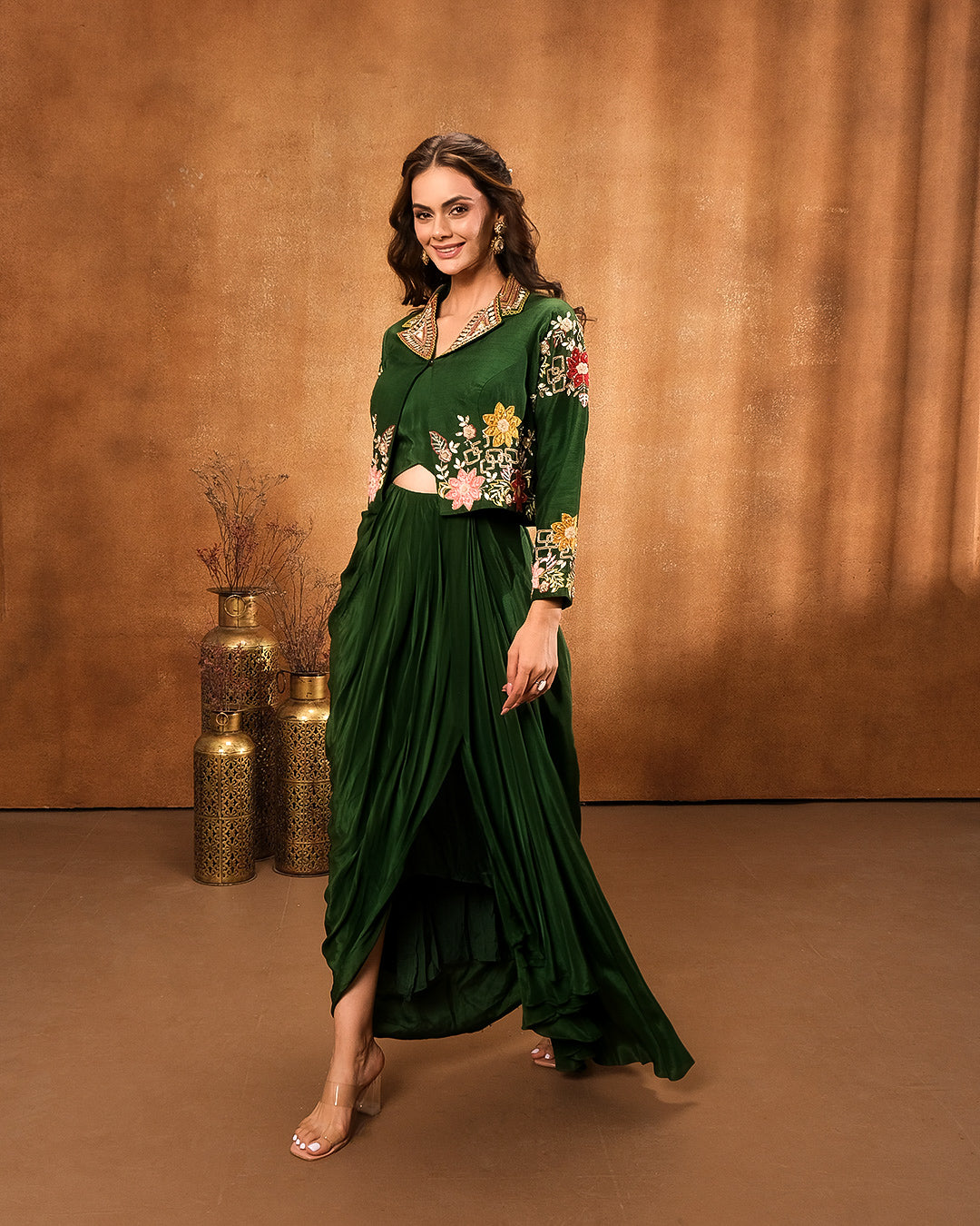 Forest Green Bustier With Embroidered Jacket And Drape Skirt