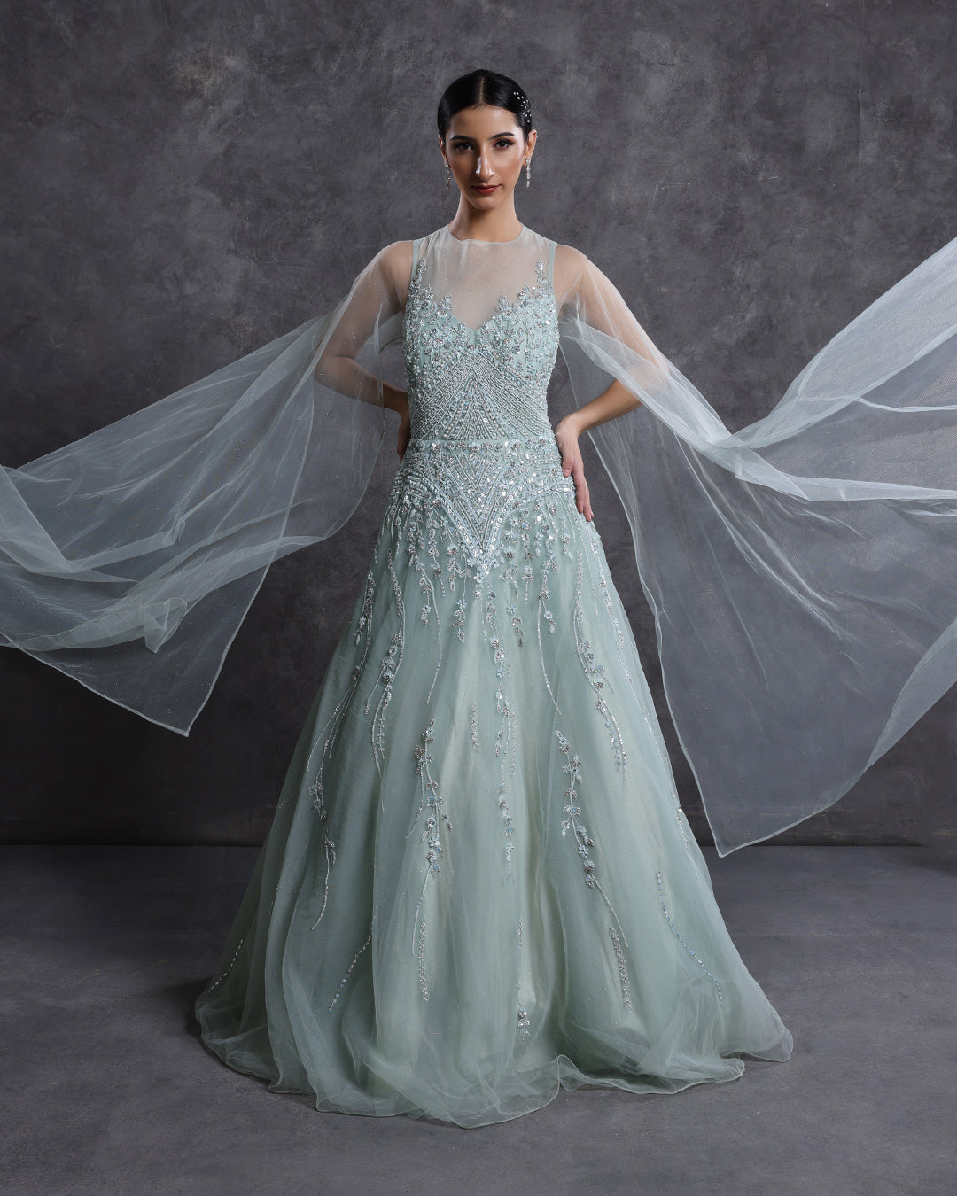 French Pista Green Embellished Bridal Gown  Roopkala