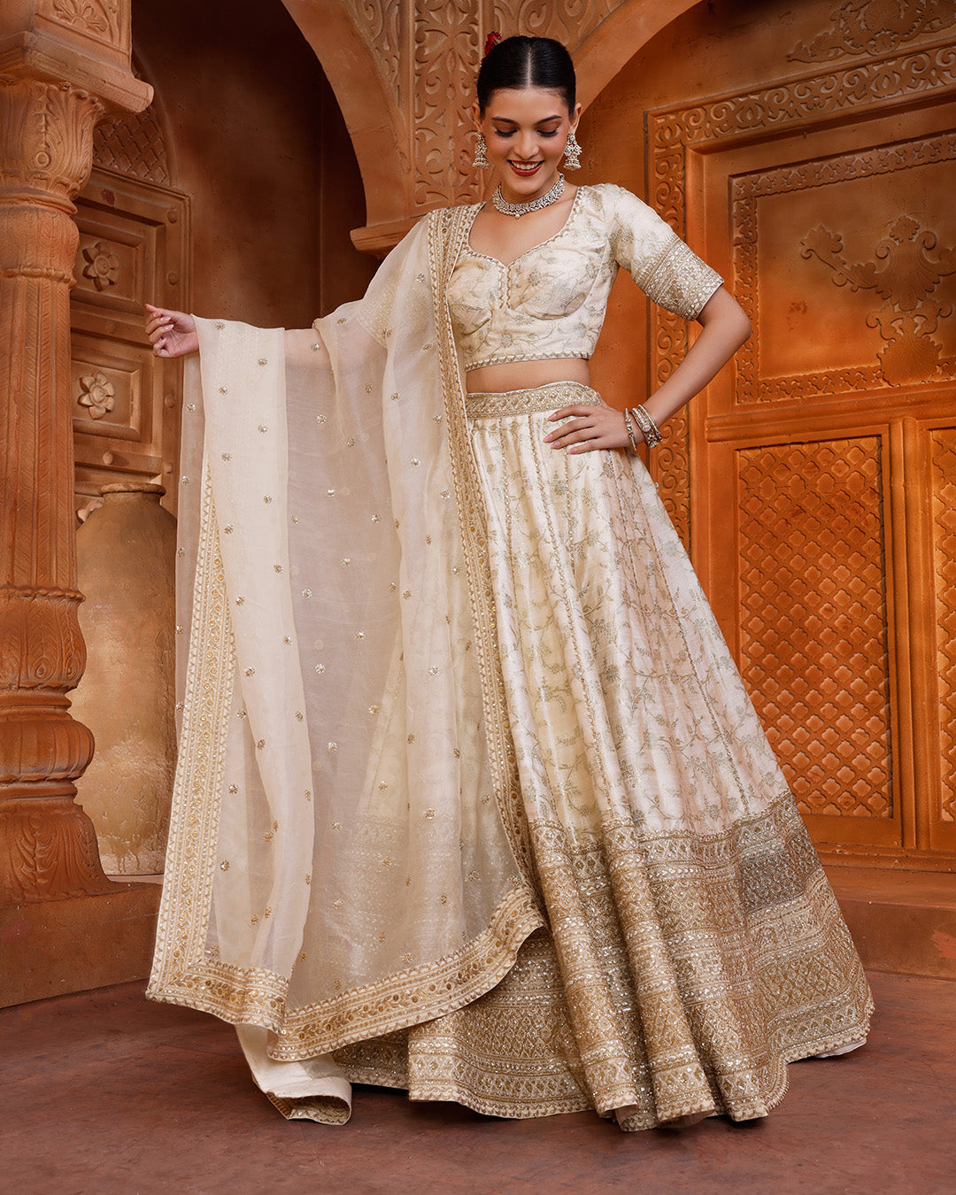 Luxe Ivory Banarasi Silk Bridal Lehenga Set Roopkala Luxe Ivory Banarasi Silk Bridal Lehenga Set Roopkala