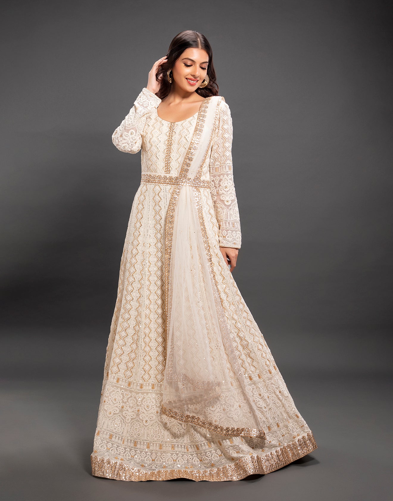 Buy Off White Lucknowi Anarkali Suit In Georgette online – Roopkala
