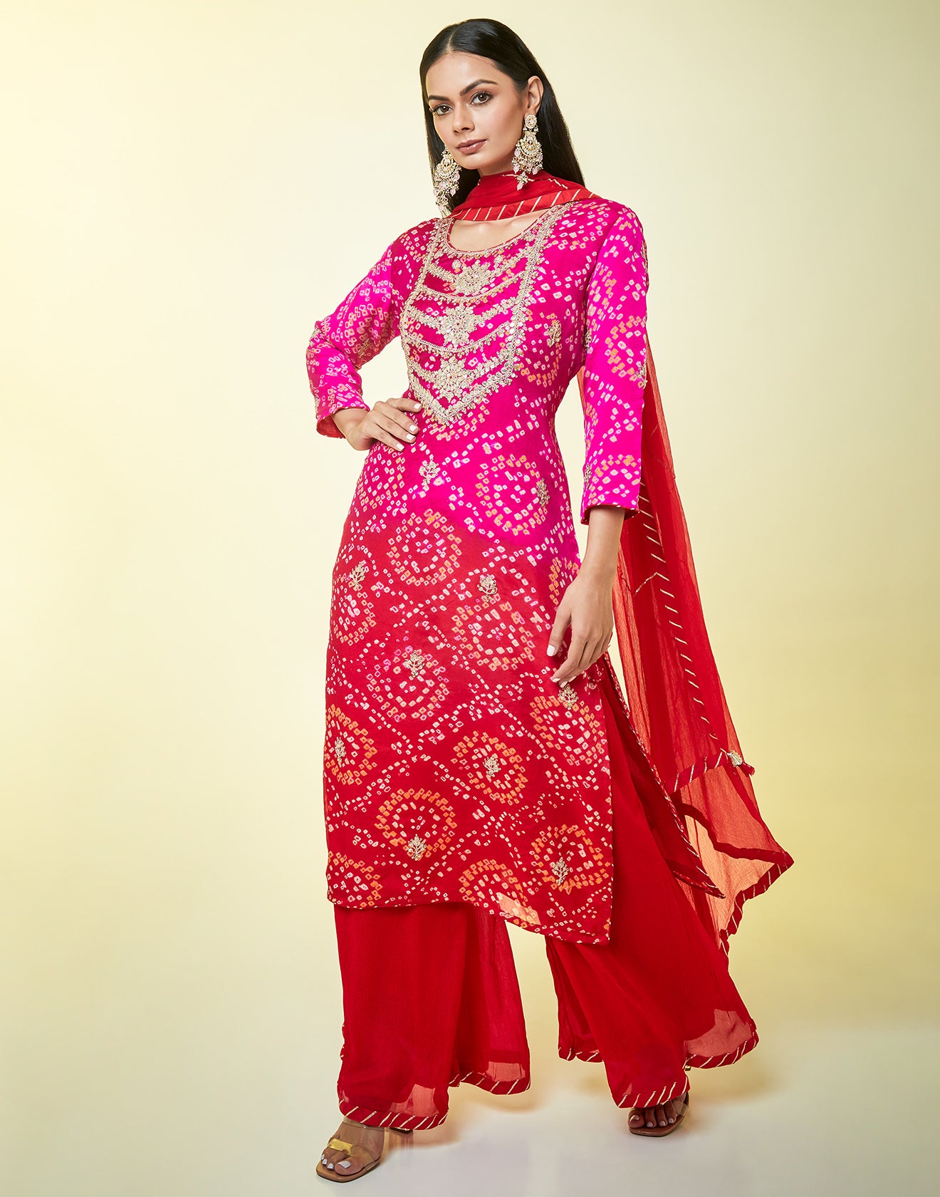 Buy Shaded hot pink and brick red bandhani palazzo suit set – Roopkala
