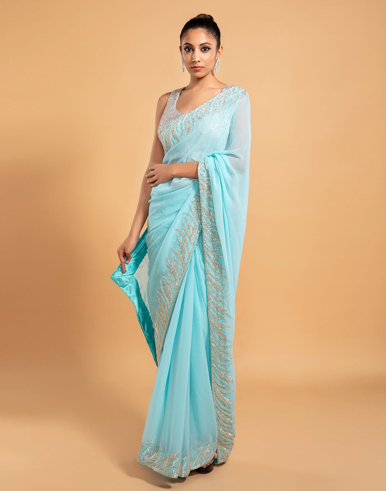 Aqua Blue Georgette Embroidered Saree