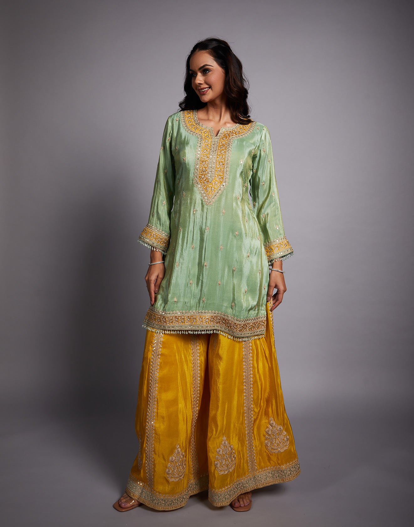 Aqua Green And Yellow Embroidered Festive Salwar Suit Set