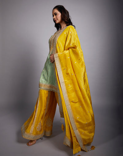 Aqua Green And Yellow Embroidered Festive Salwar Suit Set