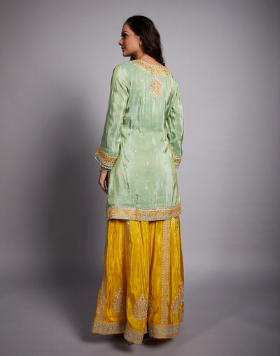 Aqua Green And Yellow Embroidered Festive Salwar Suit Set