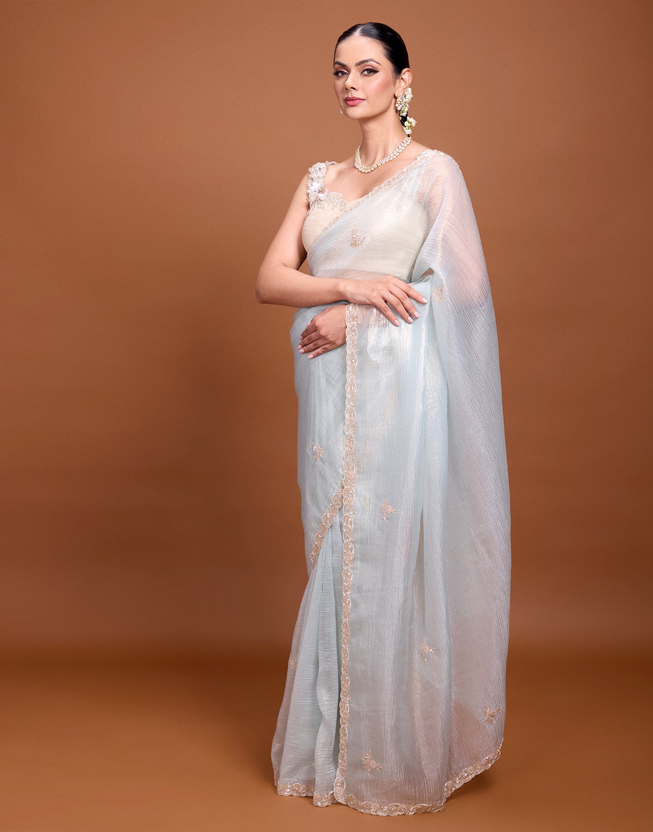 Aquamarine Blue Crushed Tissue Festive Saree