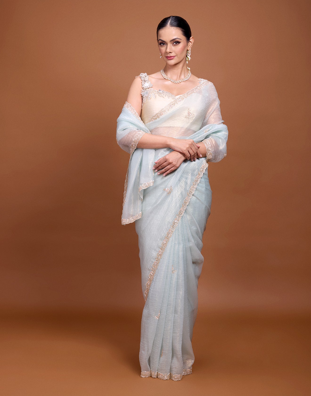 Aquamarine Blue Crushed Tissue Festive Saree