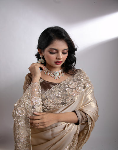 Buy Ash Blond Embellished Tissue Silk Saree Online 
