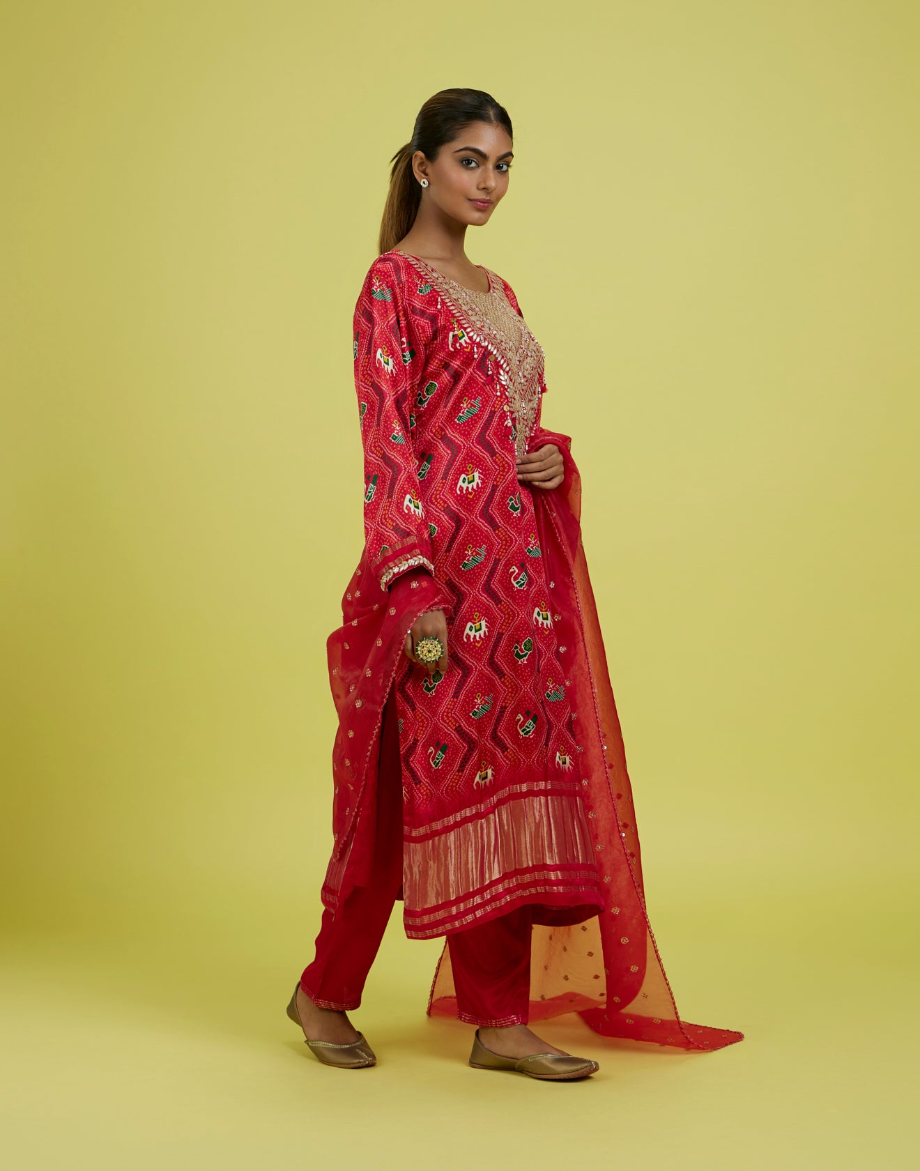 Auspicious Red Patola With Bandhej Festive Kurta Set