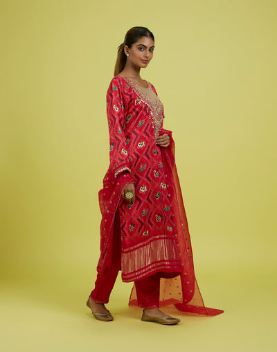 Auspicious Red Patola With Bandhej Festive Kurta Set