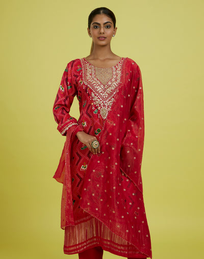 Auspicious Red Patola With Bandhej Festive Kurta Set