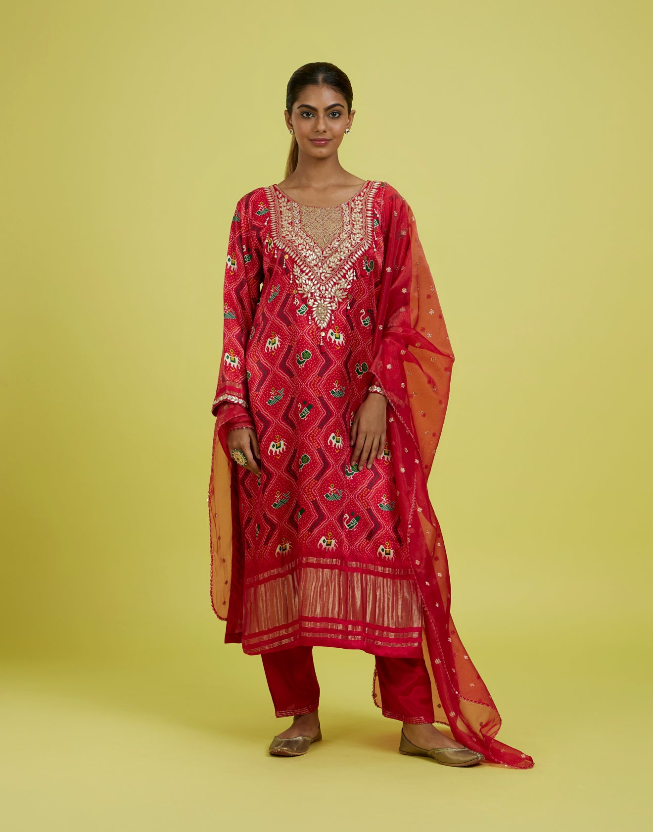 Auspicious Red Patola With Bandhej Festive Kurta Set