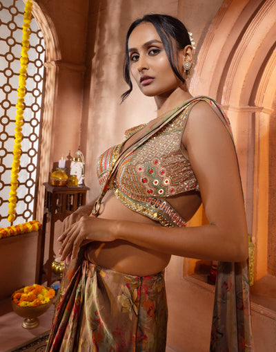 Autumn Brown Floral Printed Modal Satin Pre-Stitched Saree