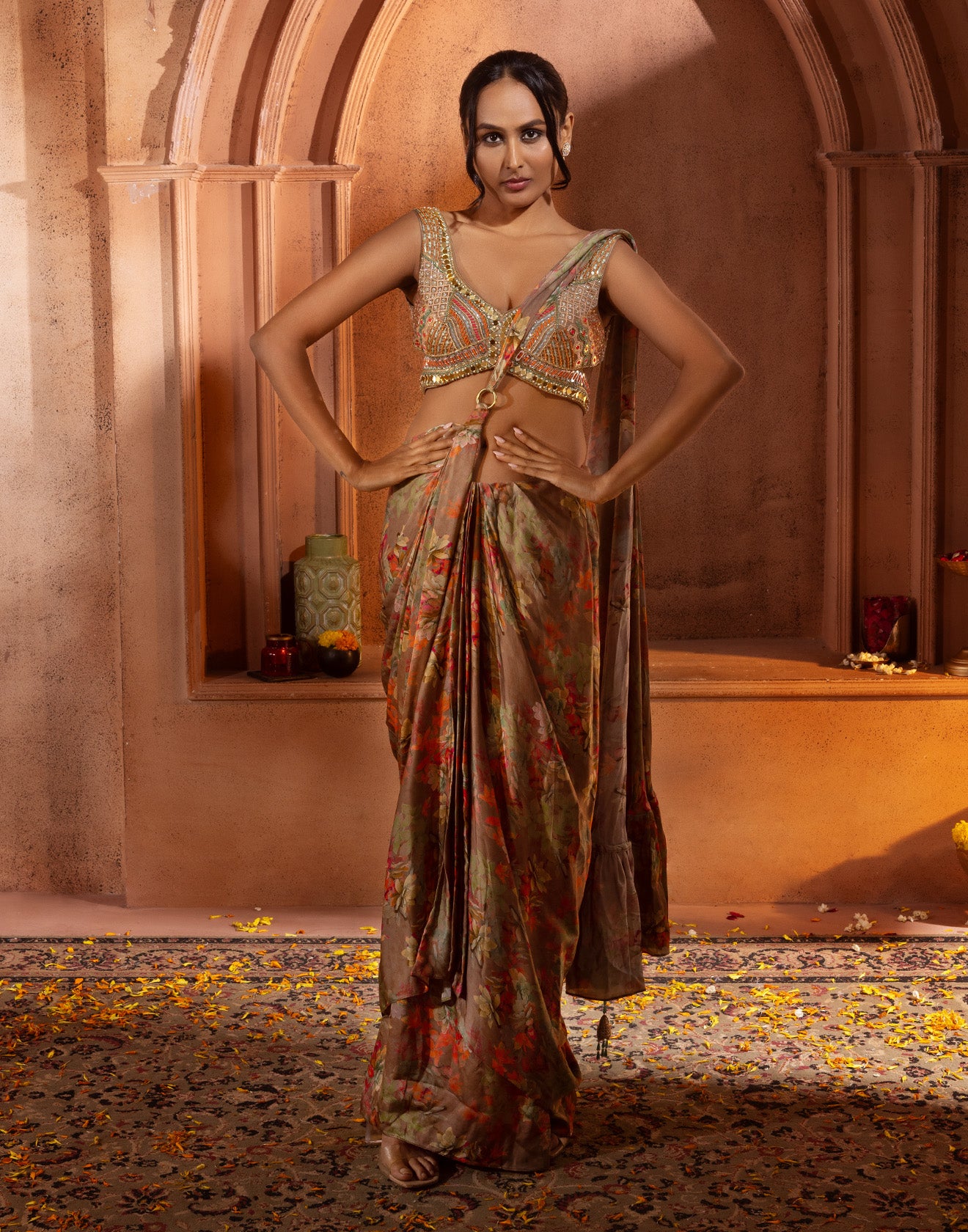 Autumn Brown Floral Printed Modal Satin Pre-Stitched Saree