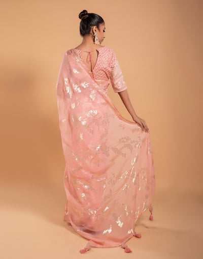 Baby Peach Organza Saree With Stitched Blouse