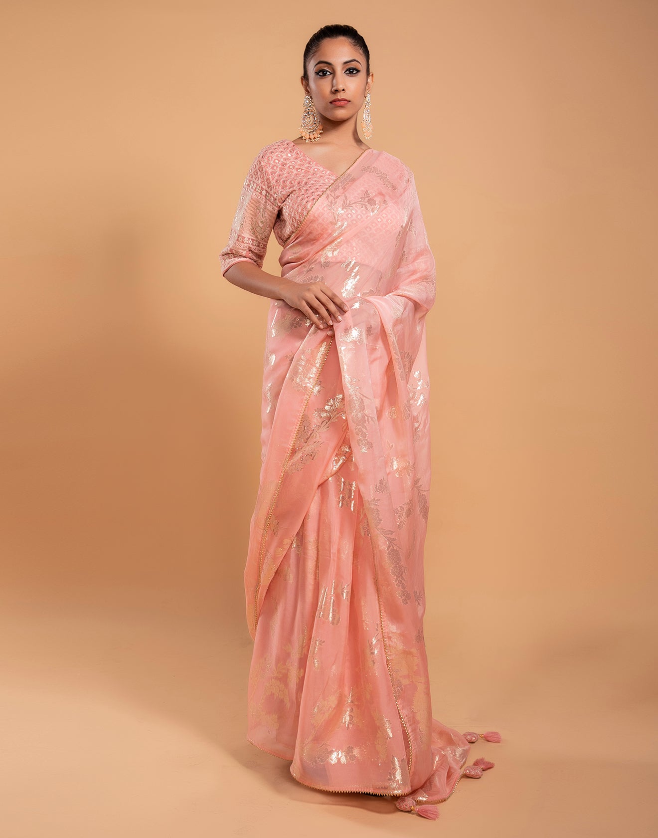 Baby Peach Organza Saree With Stitched Blouse