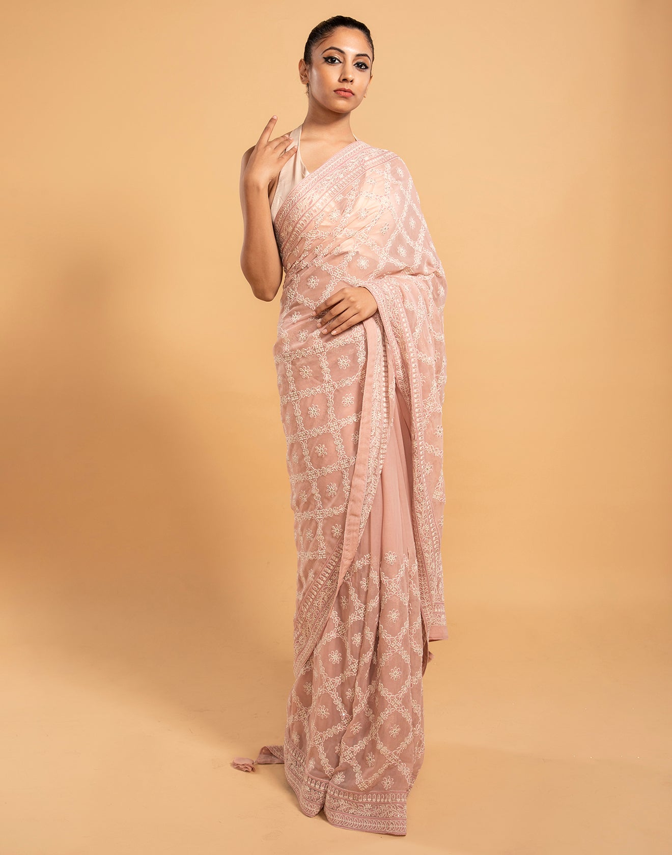 Baby Pink Lucknowi Saree In Sequin Work