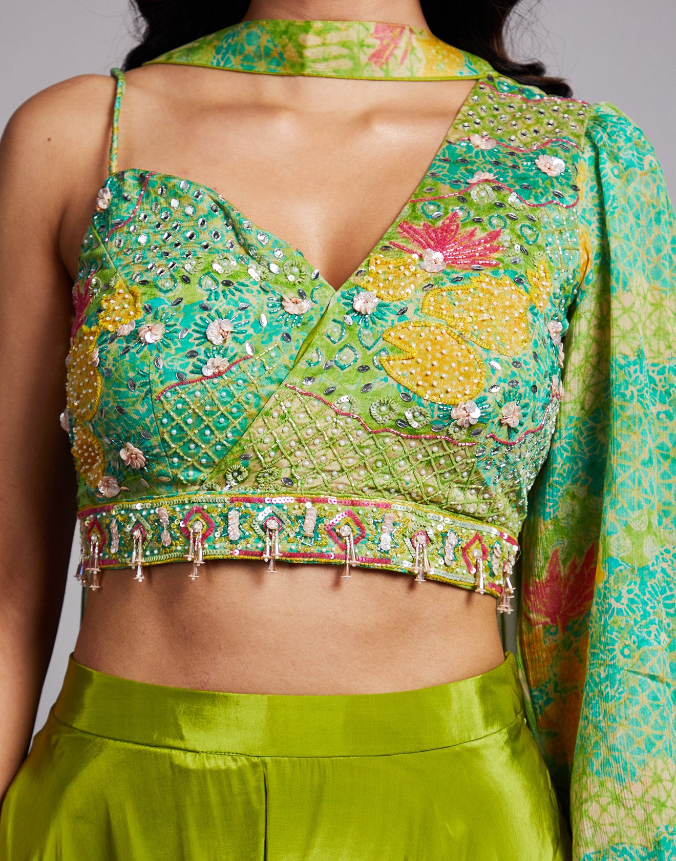 Bandhej Printed Crop Top With Flared Pant Fusion Set