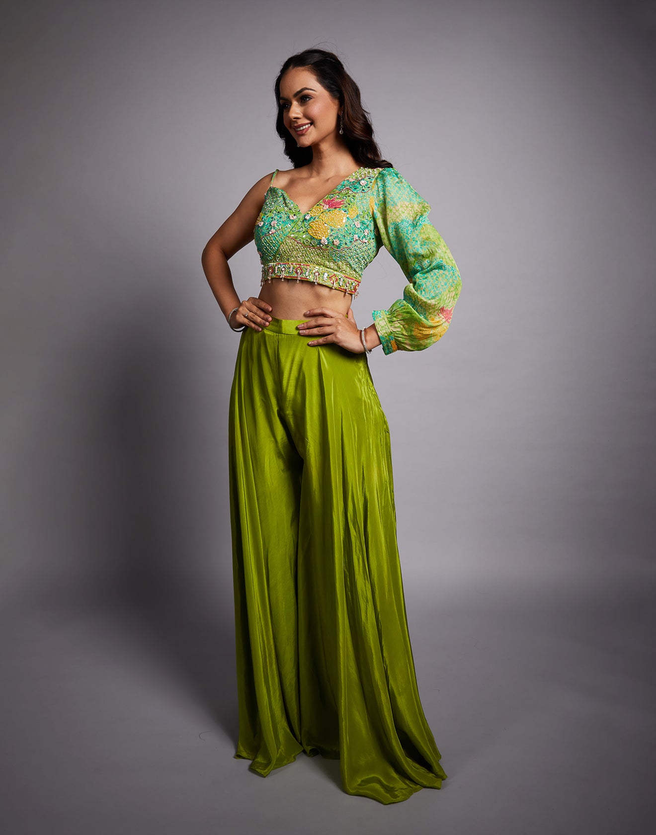 Bandhej Printed Crop Top With Flared Pant Fusion Set