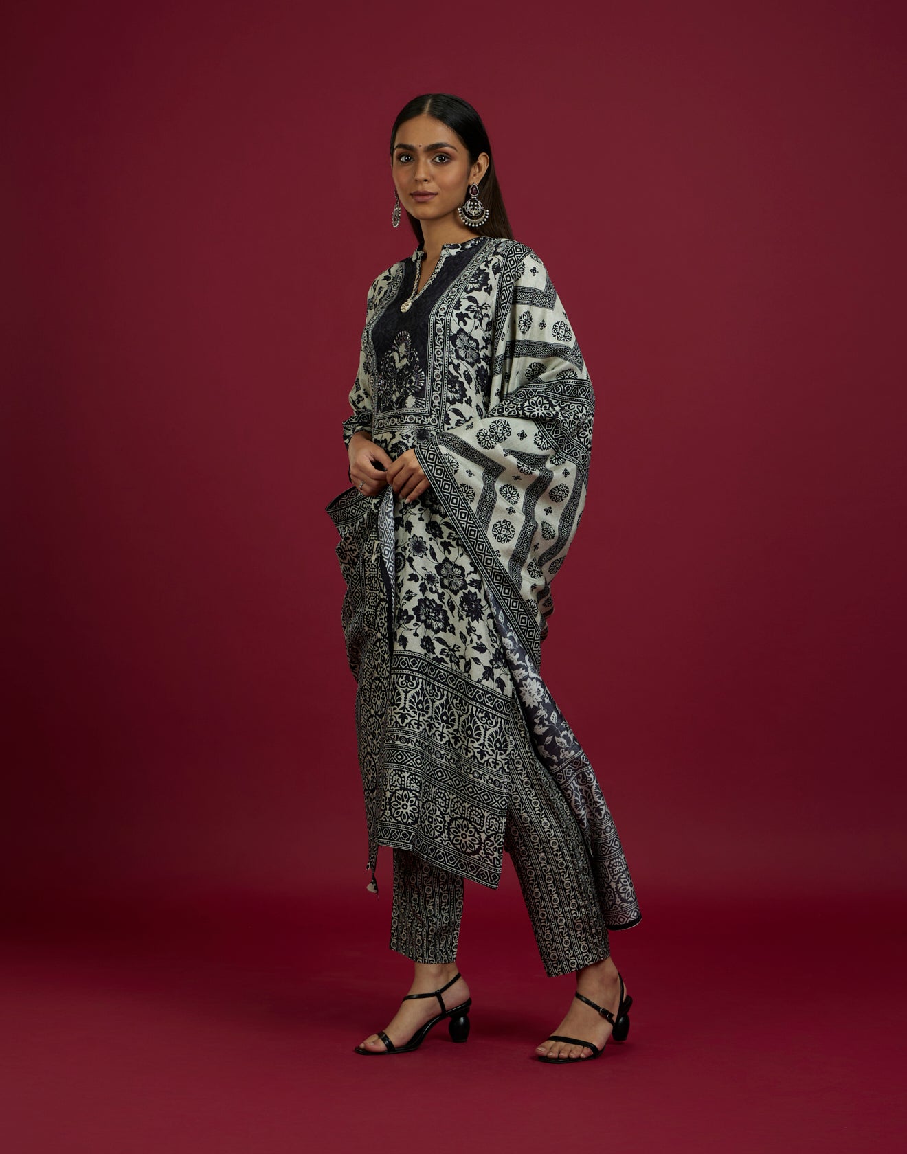 Beige And Black Floral Printed Silk Kurta Set