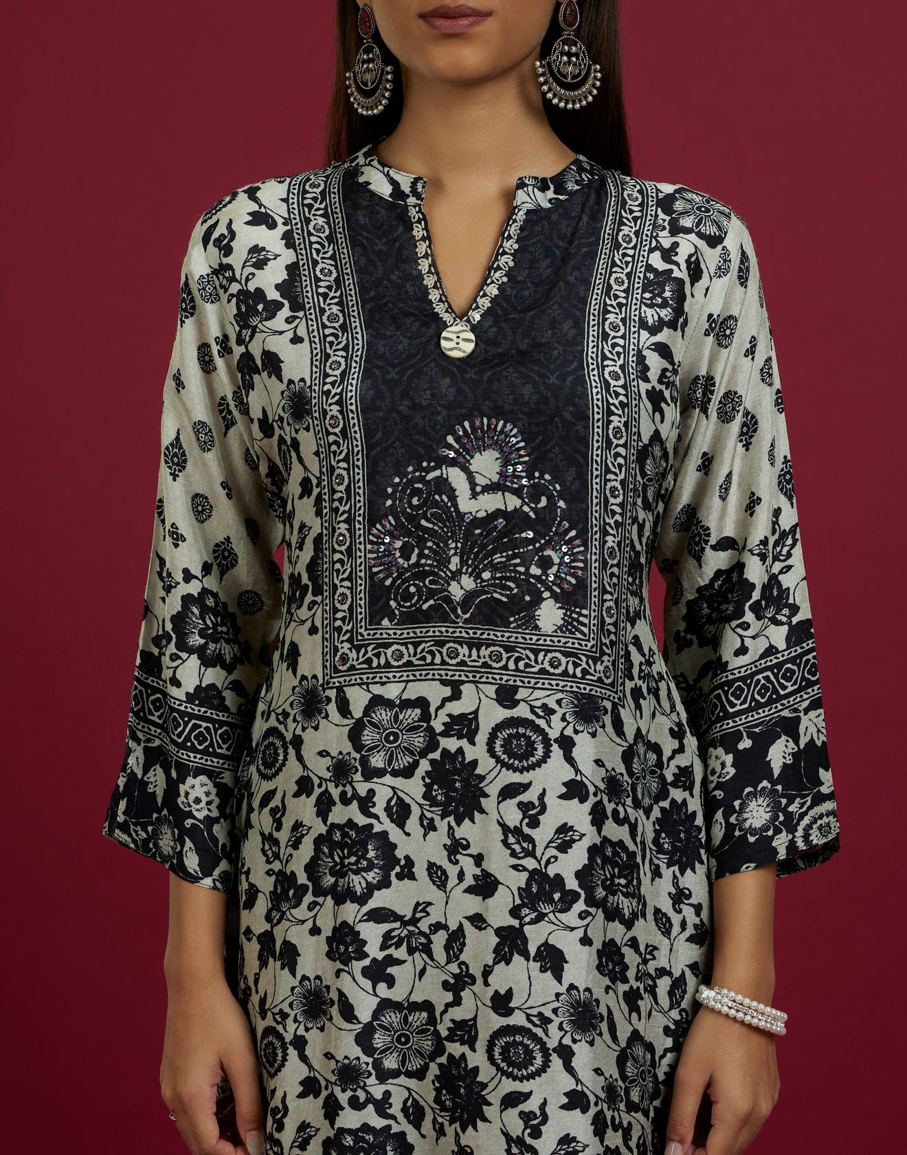 Beige And Black Floral Printed Silk Kurta Set