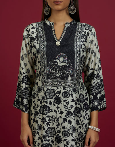 Beige And Black Floral Printed Silk Kurta Set