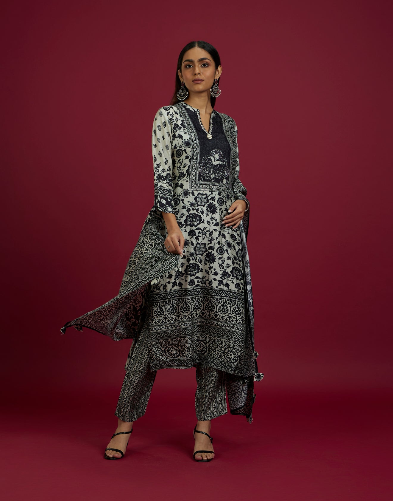 Beige And Black Floral Printed Silk Kurta Set