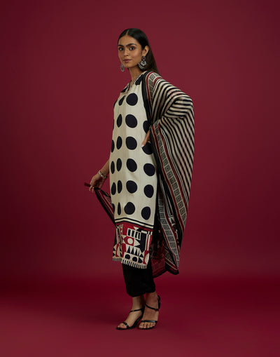 Beige And Black Polka Printed Kurta Set