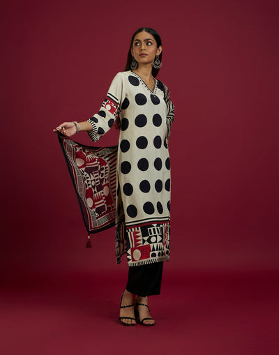 Beige And Black Polka Printed Kurta Set