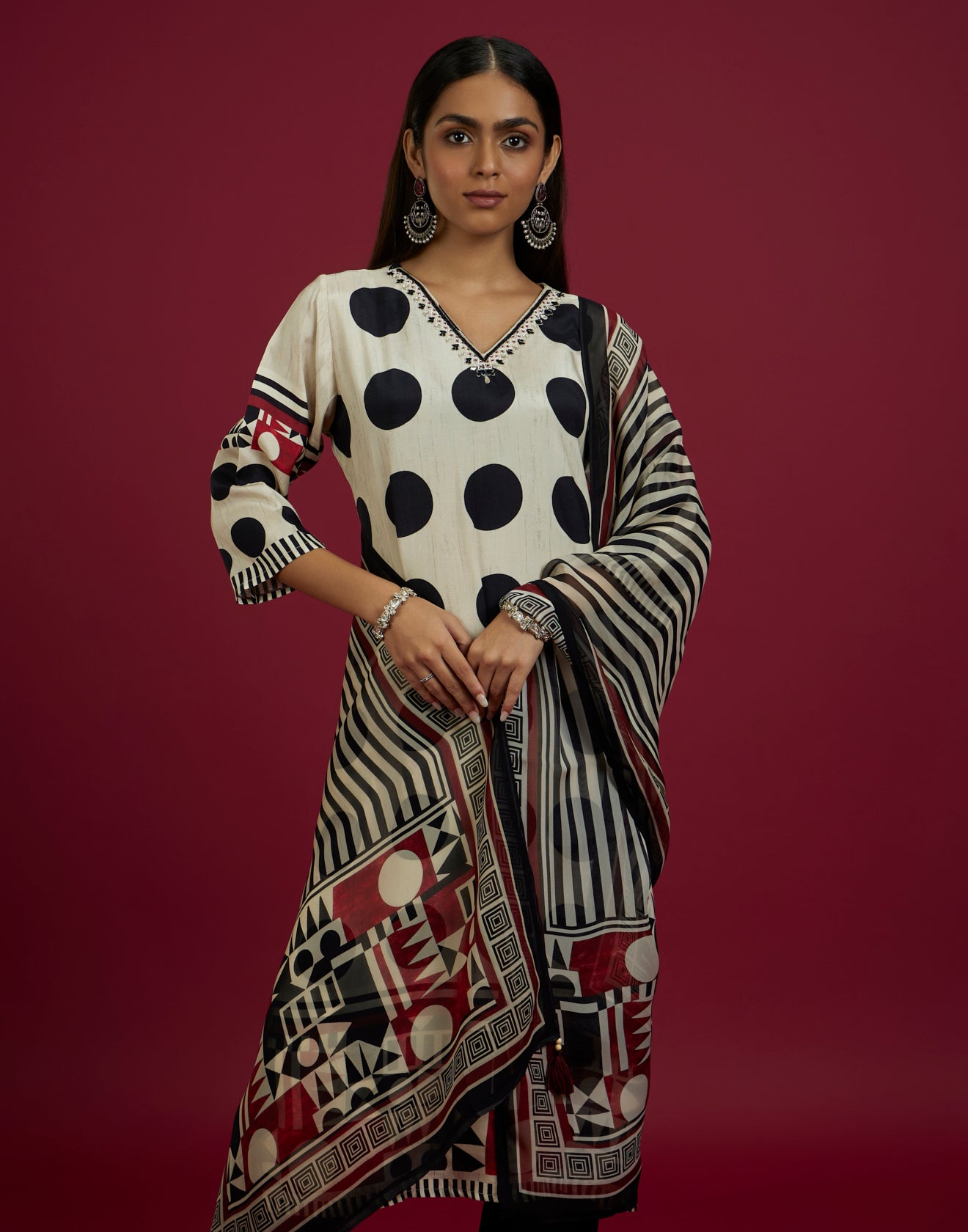 Beige And Black Polka Printed Kurta Set