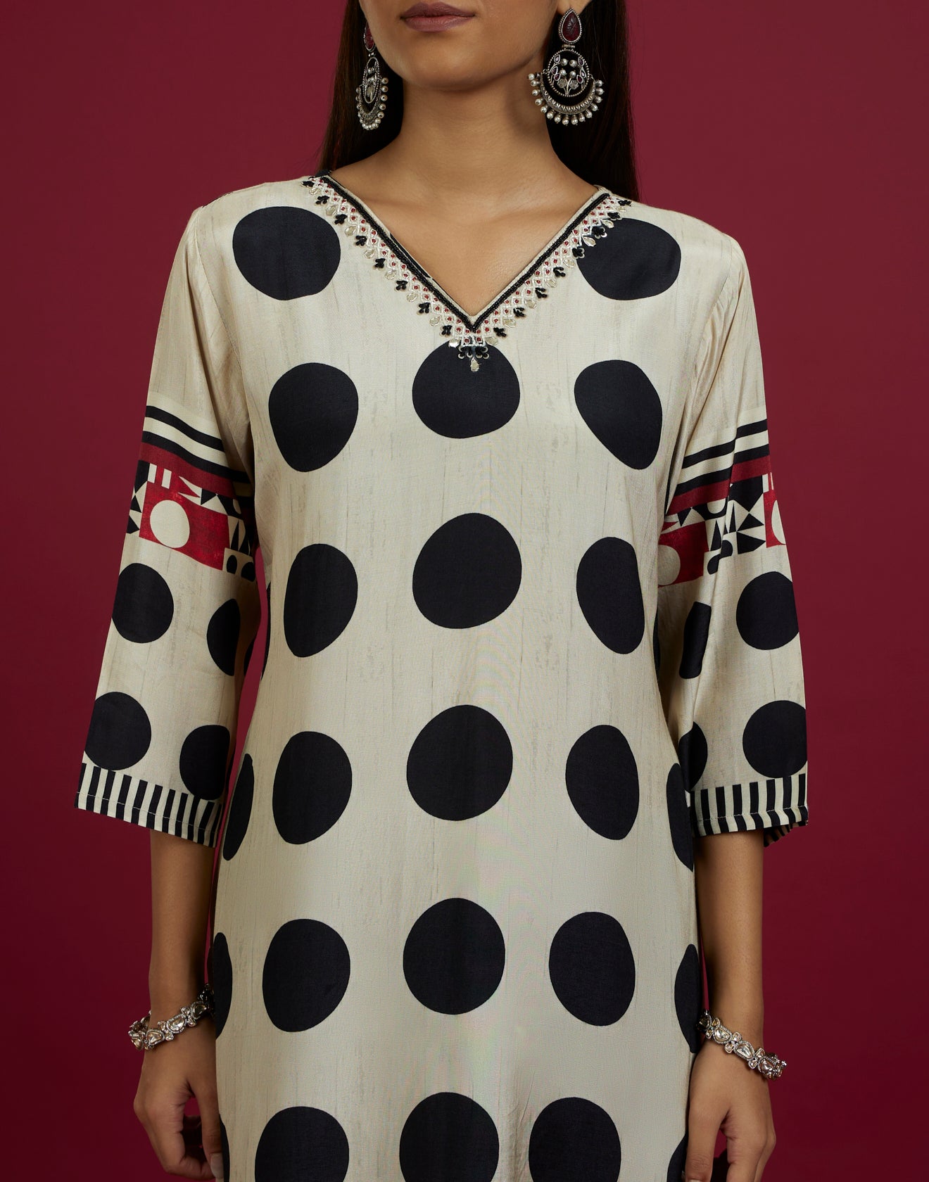 Beige And Black Polka Printed Kurta Set