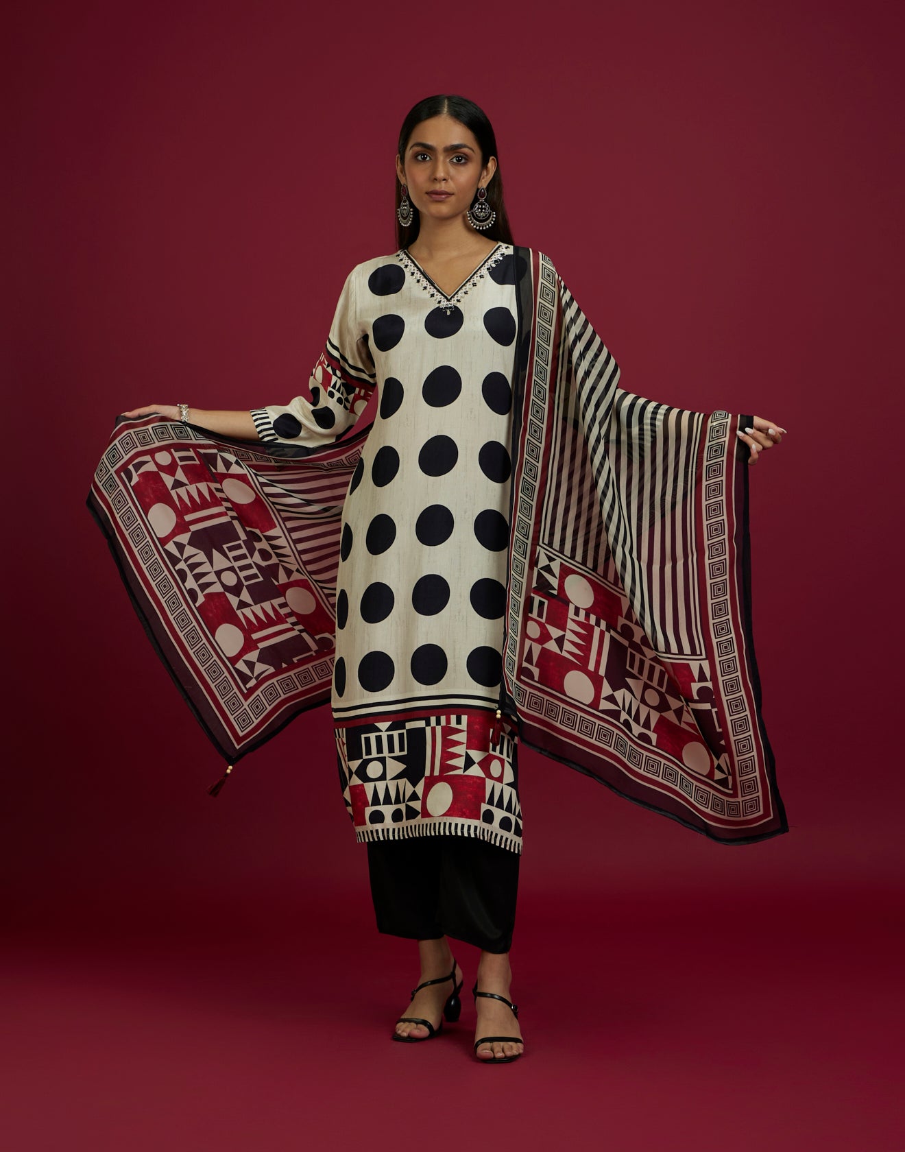 Beige And Black Polka Printed Kurta Set