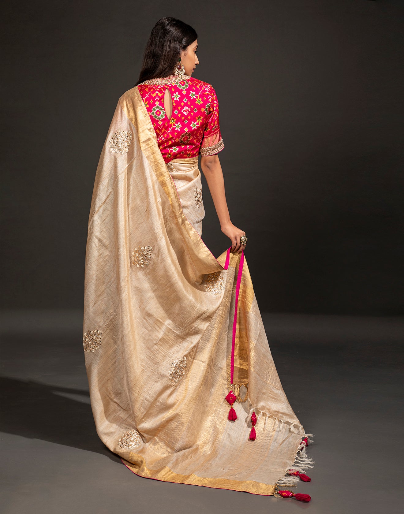 Beige Festive Saree With Contrast Stitched Blouse